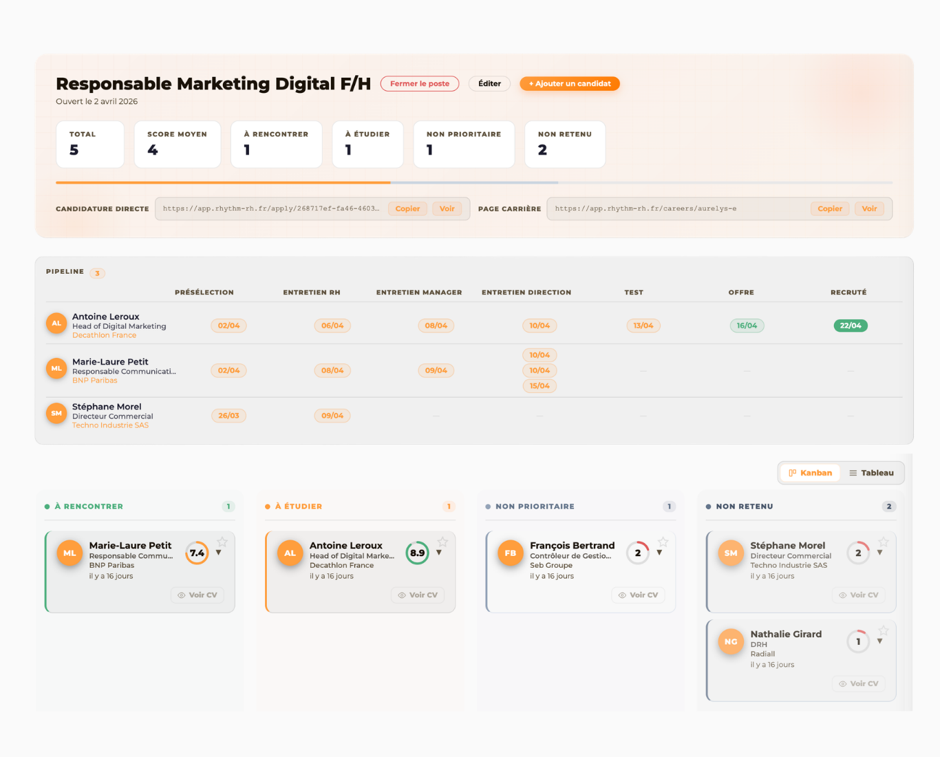 Pipeline ATS RHythm — suivi des candidats avec scoring IA et pipeline visuel